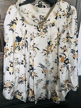 Tory Burch White Floral Pleated Blouse with Yellow and Black Print